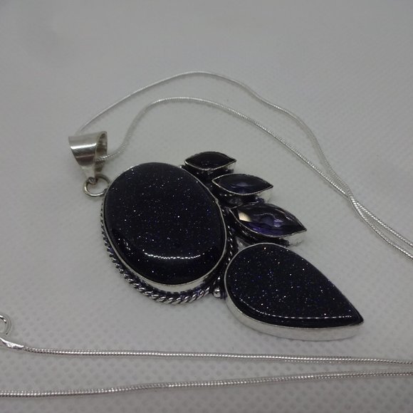 Sparkling "BLUE SUNSTONE & AMETHYST" Handmade Sterling Pendant/18" Chain #703 - Picture 1 of 3